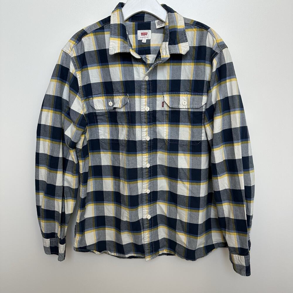 Levi’s Men’s Plaid Flannel Shirt Western Worker Button Up Yellow Navy Size XL